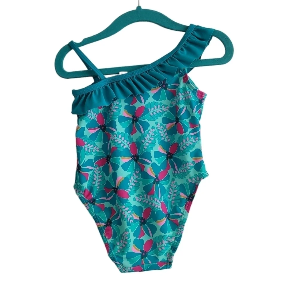 Au Pareil Au Même Blue Tropical Floral Asymmetrical One Piece Swimsuit